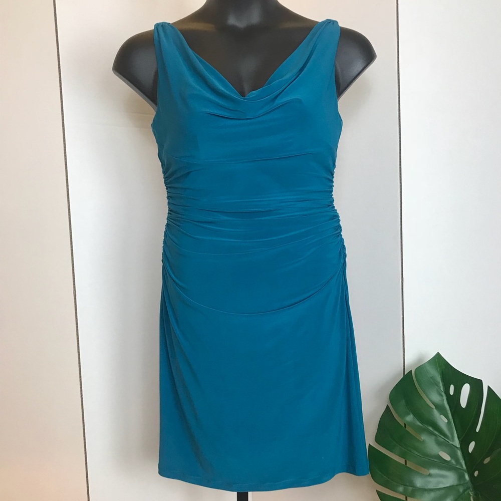 #1 Turquoise Cowl Neck Cocktail Dress w/ Ruching